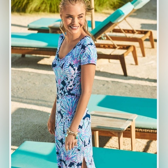 LILLY PULITZER Malin Midi V-Neck Dress SHELLS BELLS Deep Sea Navy Women’s XS - Picture 4 of 14